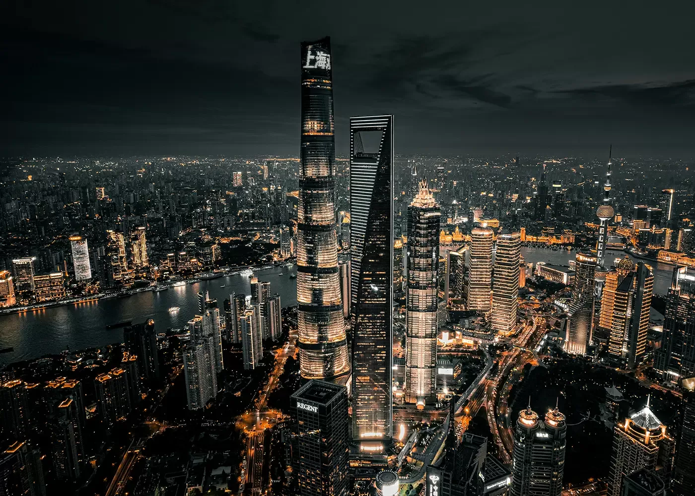 Birdseye view of Shanghai city at night, China