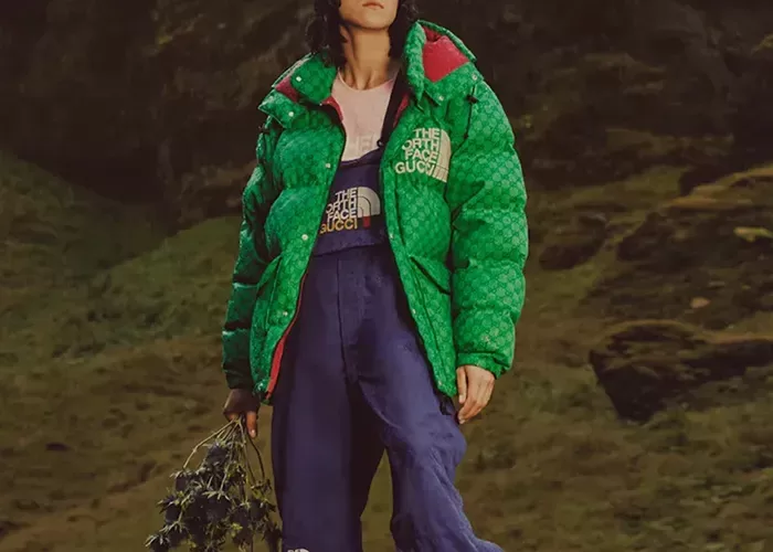 Male model in North Face x Gucci fashion clothing stood in front of green landscape